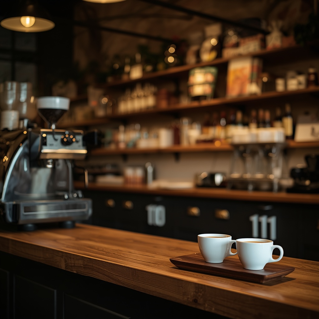 Artisan coffee shop interior with warm ambient lighting, wooden counter, and freshly brewed coffee cups displayed